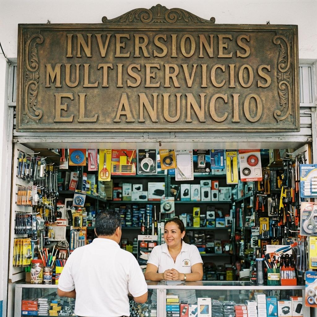 Genera una imagen de una vendedora en una tienda llamada Inversiones Multiservicios el anuncio que sea real y que este en material de bronce - Beellon CashLike
