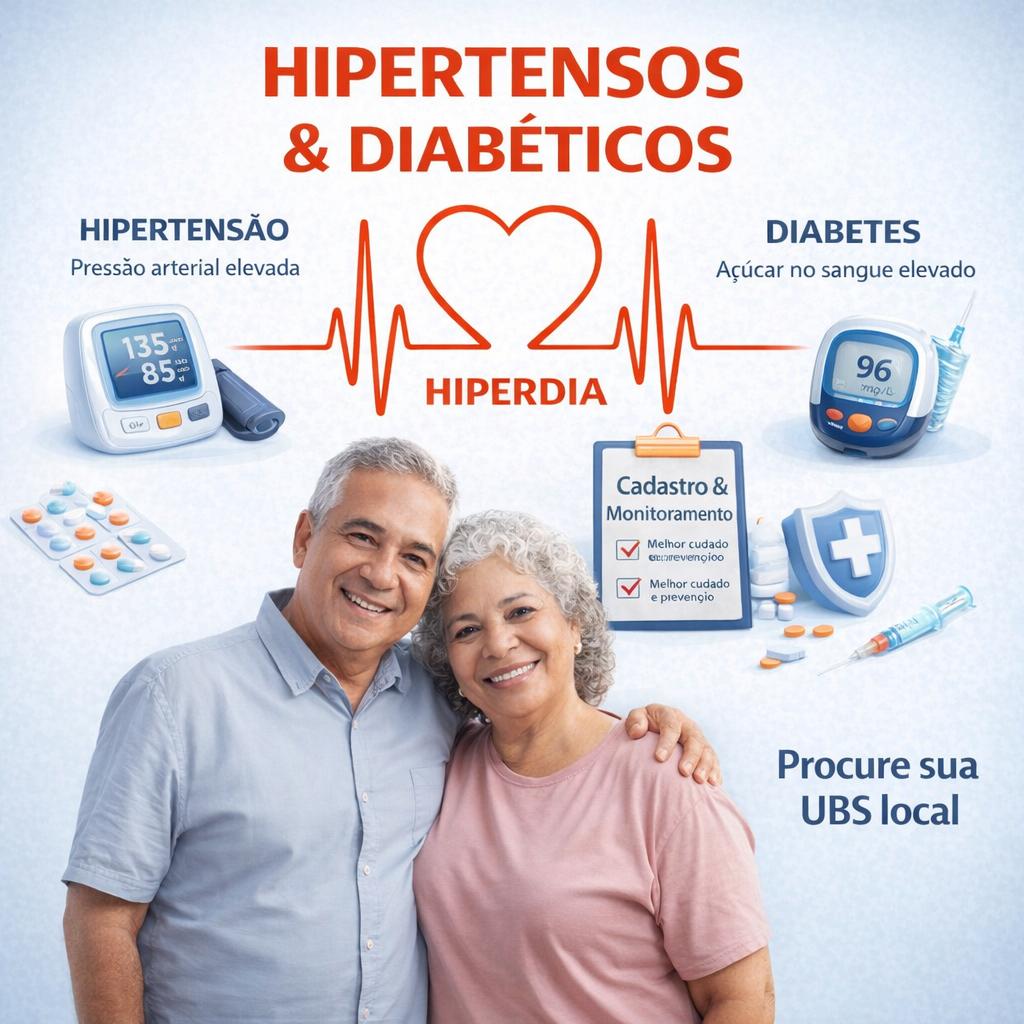 Criar imagem educativa sobre o programa Hiperdia do SUS explicando hipertensão, diabetes, importância do cadastro e monitoramento com design claro e chamativo - Beellon CashLike