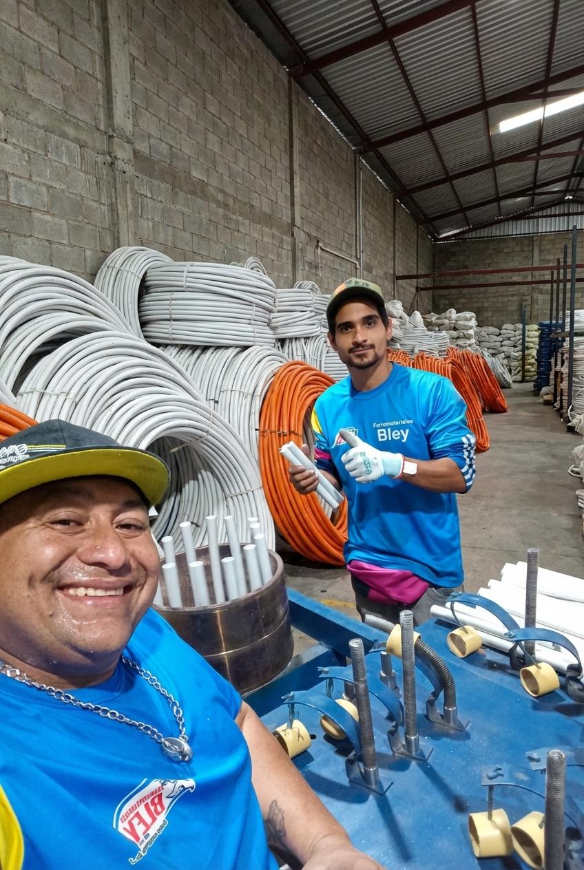 Agrega al fondo un galpón techado q sea la continuidad de la imagen para darle profundidad y haga rumas gigantes de curvas eléctricas plásticas doblado a 90 grado la idea q es los dos fabricantes de la imagen muestren un trabajo exitoso y q cada uno de ellos tengo escrito en sus camisetas Ferremateriales Bley - Beellon CashLike