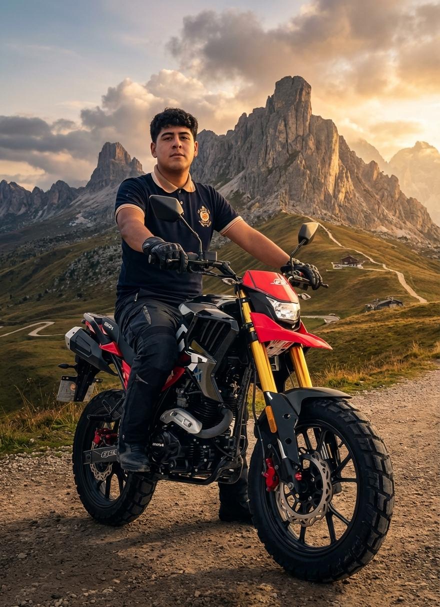 Genera un promt. Para crear  una imagen epica con dos foto que le voy a suministrar  una es moto bera 200 dt u la otra es del joven que debería salir montado en la moto con un estilo   de seguridad  y de modelo donde se.muestre tambien lo imponete y hermosa que es la moto. Para esta imgen puedes elegir un ambiente de aspecto abierto como parque montañas etc - Beellon CashLike
