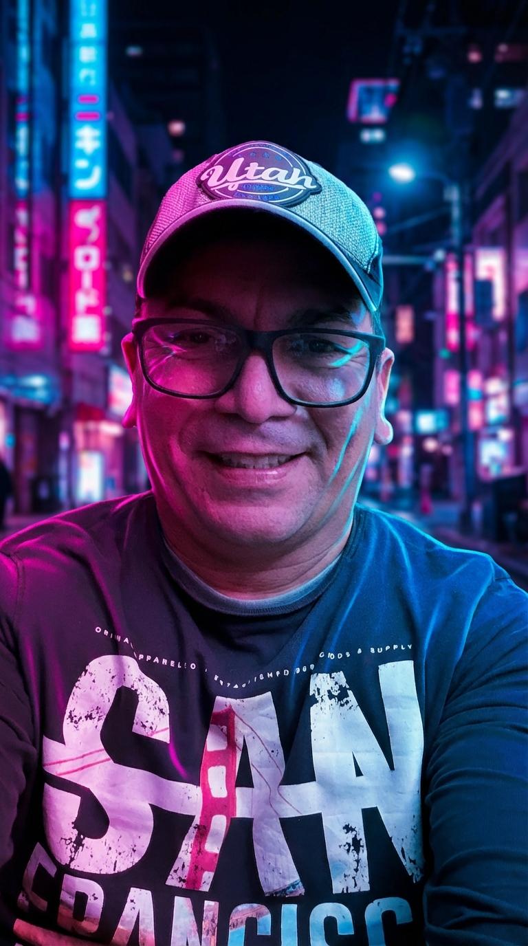 Add neon/cyberpunk lighting with pink, blue, and purple neon reflections on the subject. Urban night feel. - Beellon CashLike