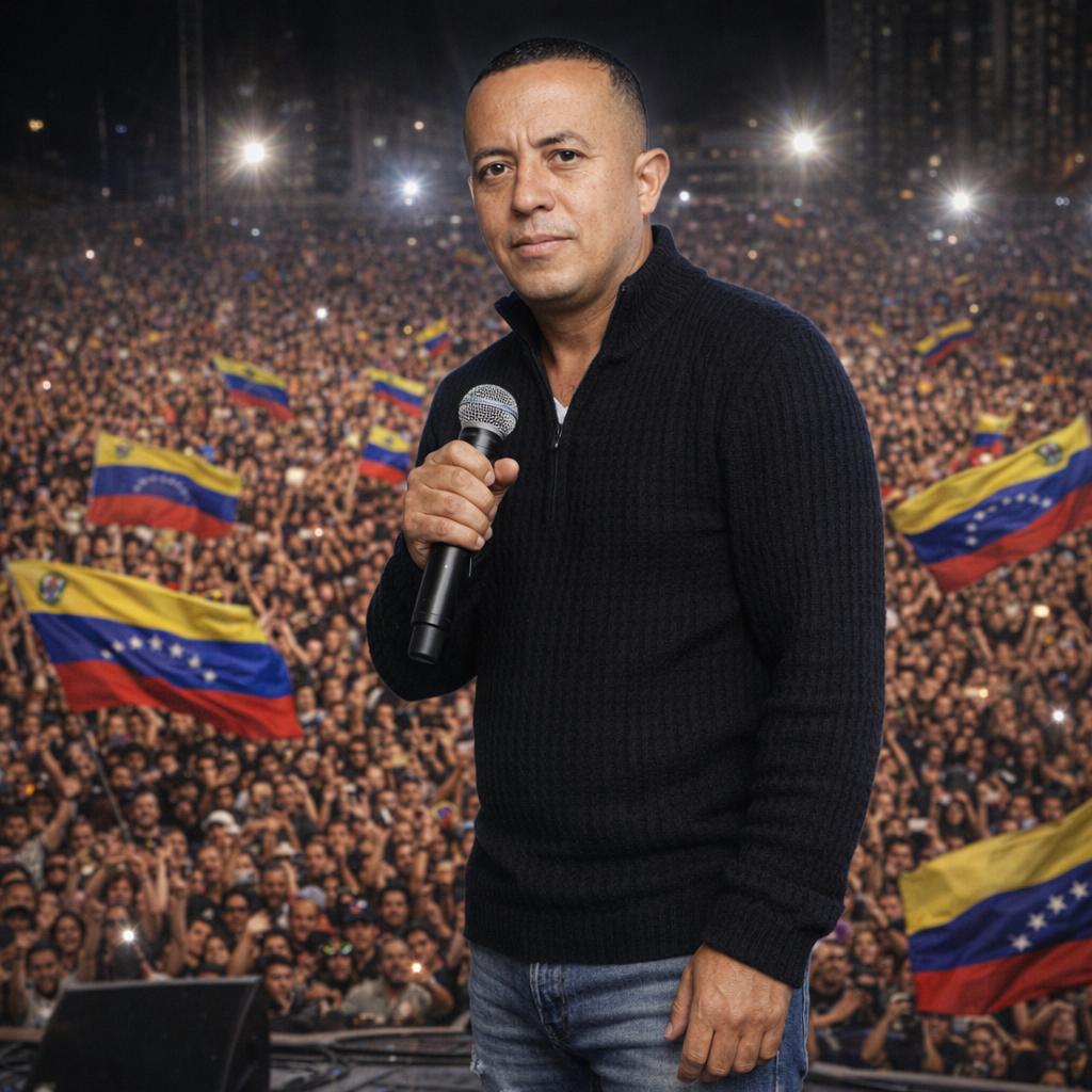 ponga este avatar de pie no ncamb ie surostro, agrega un microfono en sun mano y haga que se pueda ver en un gran concierto con bandera venezoanas - Beellon CashLike