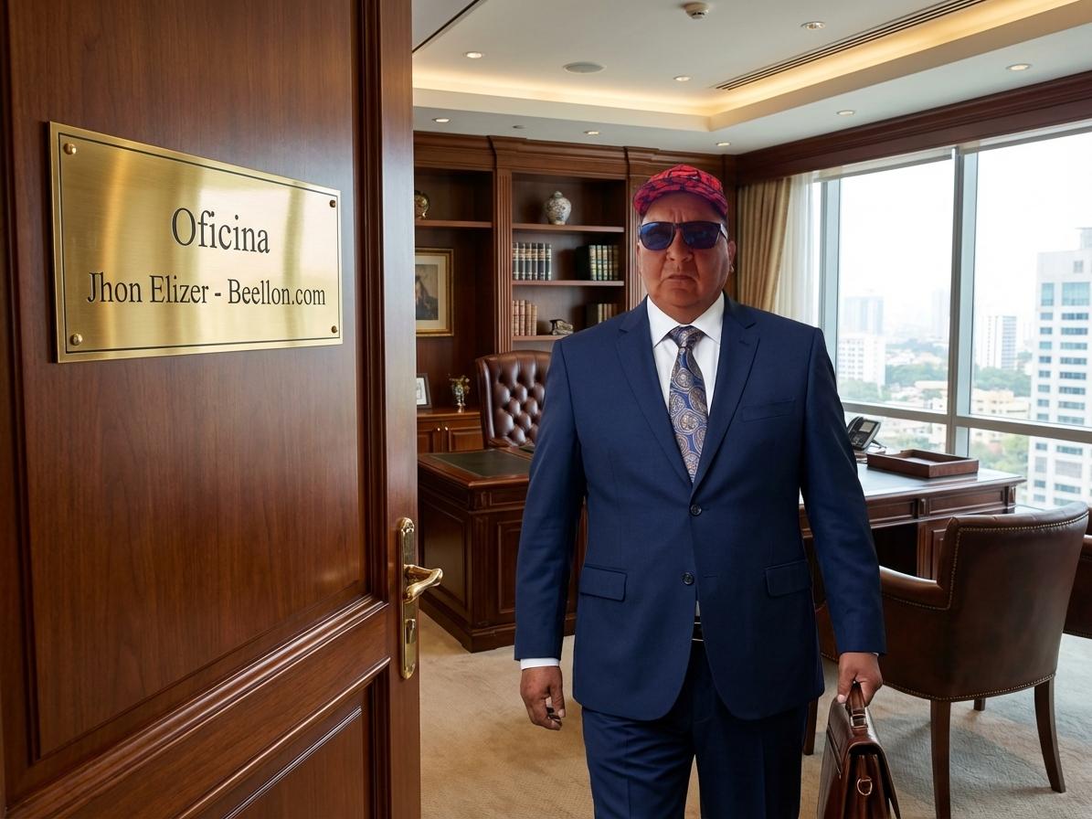 biete este abatar con traje y cobarta, cuerpo completo, que quede muy elegante de cuerpo competo entrando a una oficina que dice en su entrada en una placa de oro billante: Oficina Jhon Elizer - Beellon.com - Beellon CashLike