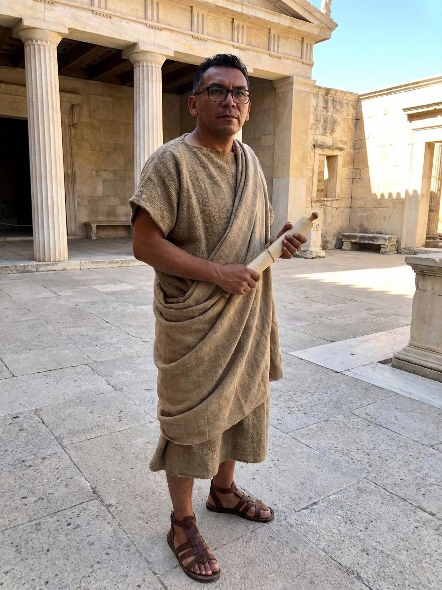 biste este hombre con ropa y atuendos del ano 300 antes de cristo que el estilo se bien original que y que este en medio de un lugar de la epoca - Beellon CashLike