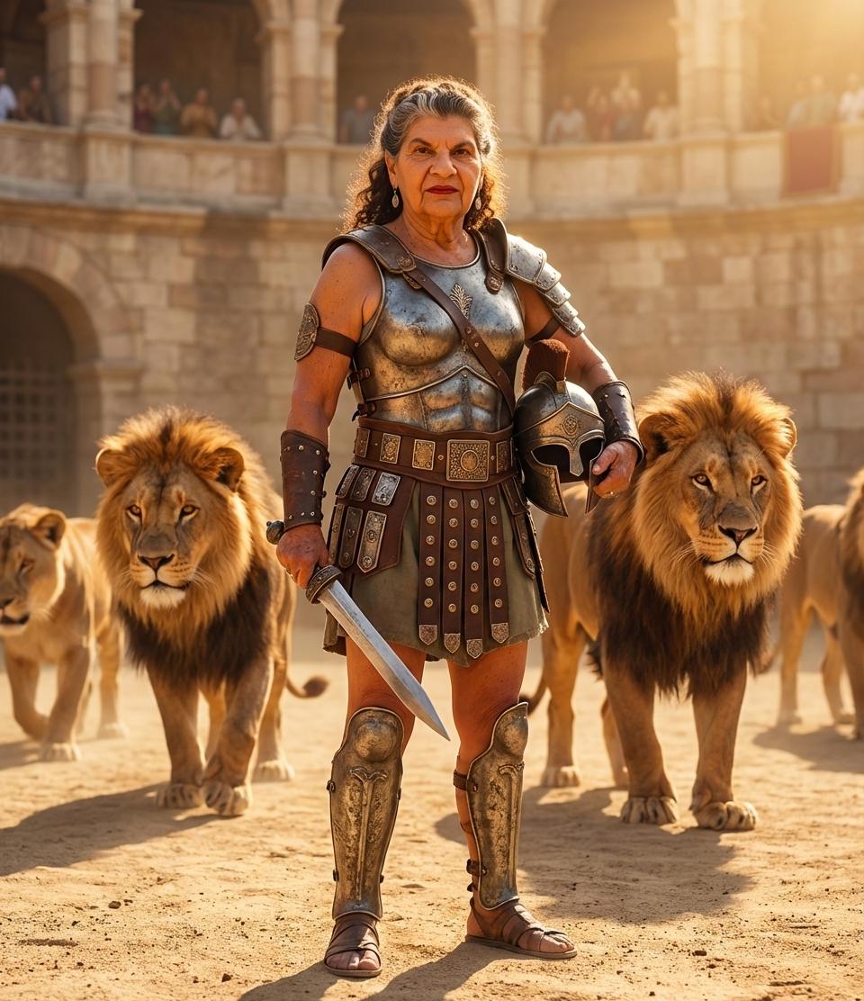 conbierte el avatar en un gladiador con todos sus atuendos que este de pie para al frente de baros leones - Beellon CashLike