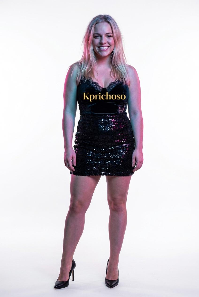 Full-body shot of a stunningly beautiful young woman with a bright, joyful, genuine smile showing confidence and happiness. Flawless glowing skin, expressive sparkling eyes, long styled blonde hair. Elegant slim graceful body. She wears a glamorous black nightclub mini dress and luxurious high-heel shoes. Confident, elegant pose, radiating beauty and charm. Colorful neon lights (pink, blue, purple) softly reflecting on her skin. Clean solid white background. On the front of her dress, a stylish printed logo with the text "Kprichoso" in elegant bold typography, placed on the fabric like a real clothing brand logo. Professional high-fashion photography, ultra detailed, cinematic lighting, 4k. - Beellon CashLike