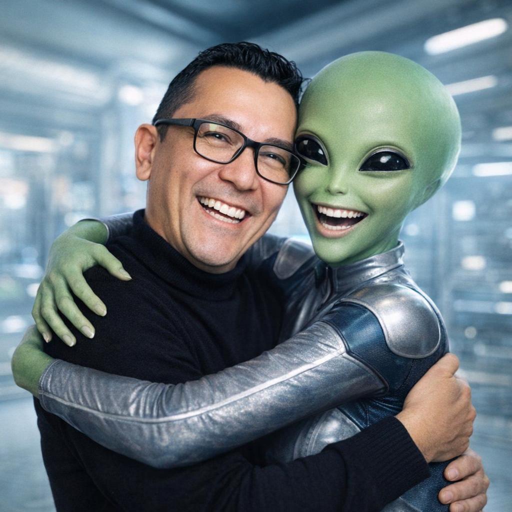 haga una imagen donde esta ersona queesta en la imagen aparesca abarasado en el futuro con un alienigena y lo s dos se rien pero que sea femenina la alien que me aabrasa y preservar el parecedio al maximo - Beellon CashLike