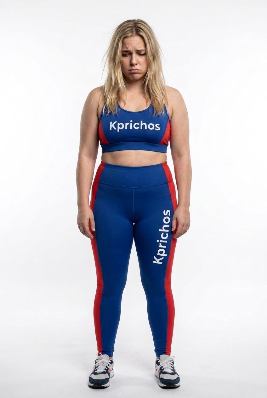 vamos a realizar una cambio radical en esta chica vamos a ponerla hermosa linda bien vestida y que este de pie con fondo blanco y que tenga ropa del ginacio y en su ropa linda conlor azul y rojo y agrega la palabra Kprichos como marca en su ropa - Beellon CashLike
