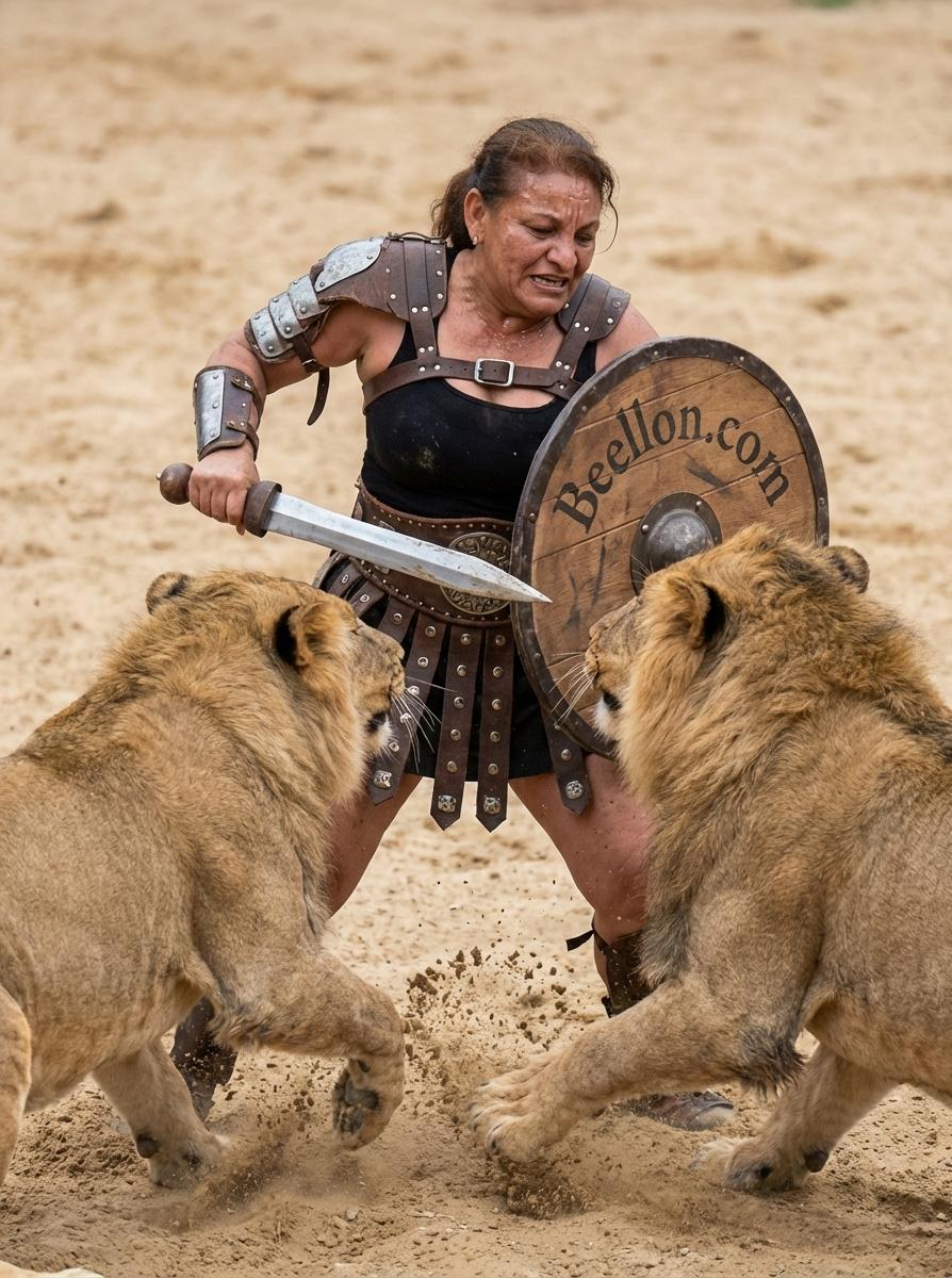 viste a este avatar de gladiadora luchando con leones grandes y coloca una espada y un escudo y en el escudo escribe Beellon.com - Beellon CashLike