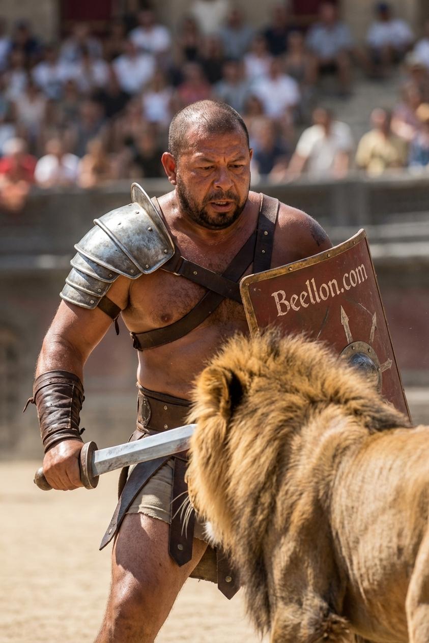 Viste con ropa de gladiador y espada de gladiador agrega un escudo y pon el cuerpo completo del personaje luchando con el león o le Inés escribe en su escudo Beellon.com - Beellon CashLike