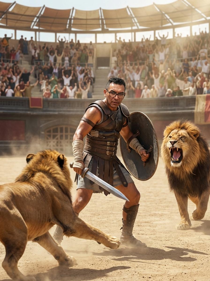 viste de gladiador este hombre en medio de leones pelando y cambia la posicion del avatar pongalo en en medio de una pelea y todo bestido de gladeador haga una imagen impatante increible - Beellon CashLike