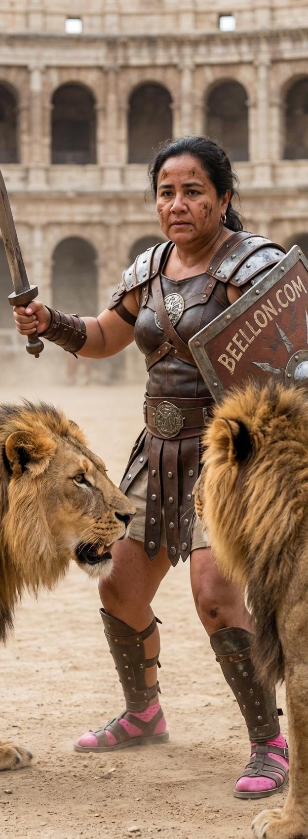 Viste esta persona de gladiador con una espada en la mano y un escudo escríbele al escudo Beellon.com y agrega unos leones en la lucha - Beellon CashLike