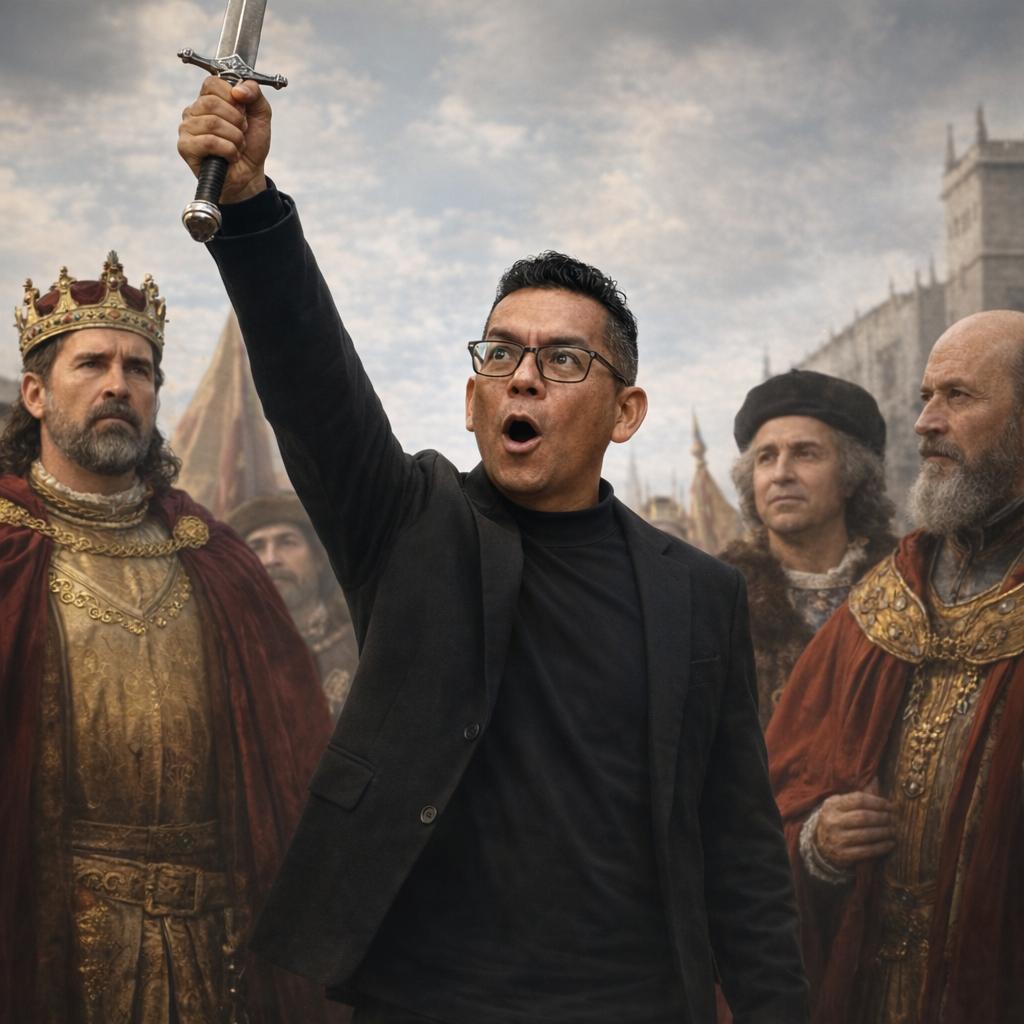 viste este abatar de libertador de de venezuela y pongalo al frente de el rey de espana y otros personajes de hace 500 anos ocn una espada en la mano derecha lebantando hacie arriba - Beellon CashLike