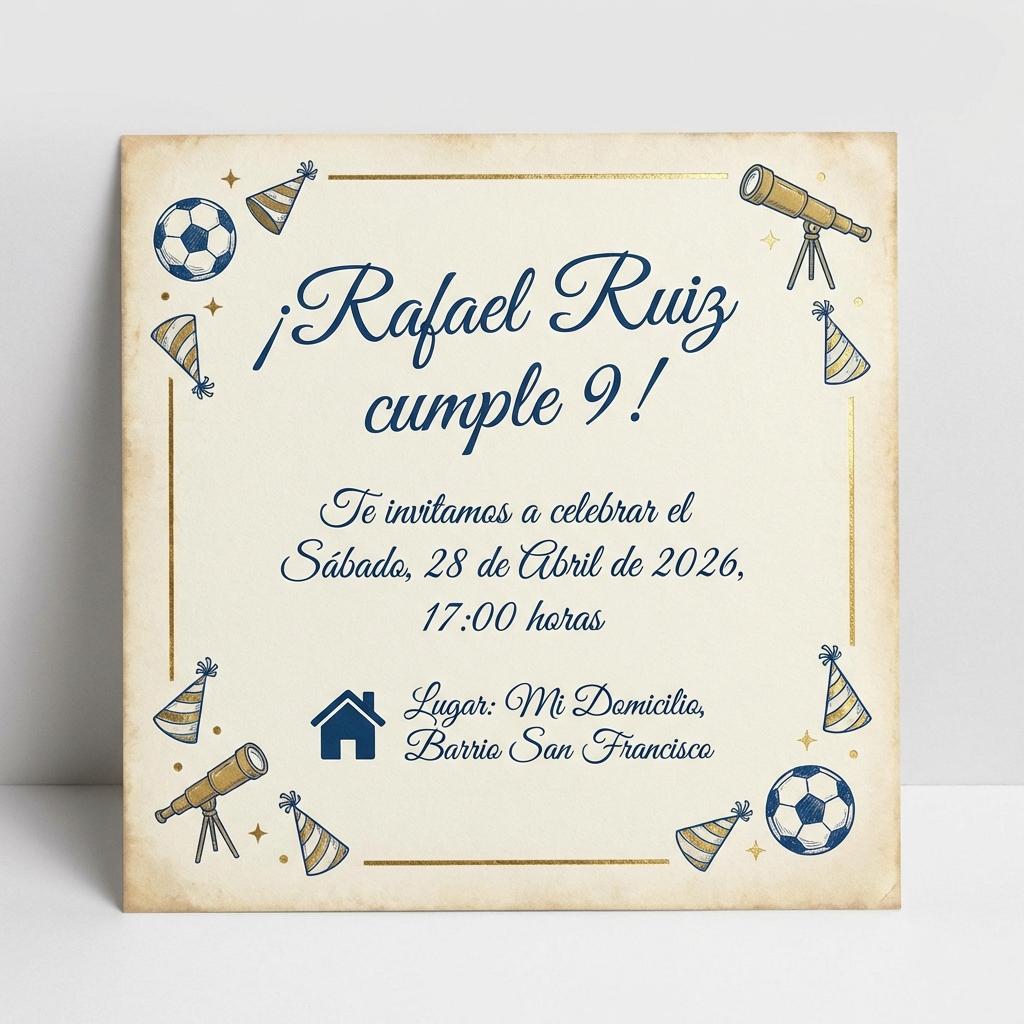 Crear una invitación para el cumpleaños  no. 9 de Rafael  Ruiz ,el dia 28 de Abril de 2026  a las 17:00 hras...A realizarse en mi domicilio ..BarriobSan Francisco - Beellon CashLike