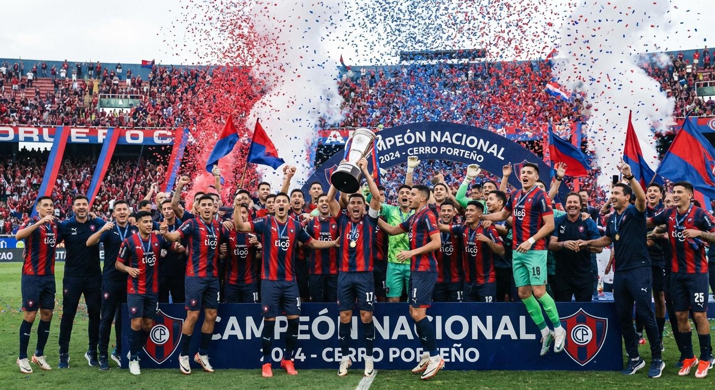 Generar imagen del club deportivo Cerro Porteño de Paraguay celebrando el campeonato Nacional , todos los jugadores levantando la copa con mucha euforia con los colores rojo y azul - Beellon CashLike