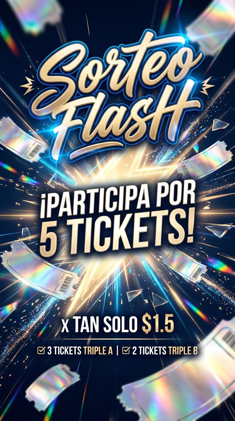 Dynamic and energetic promotional poster, a flash raffle theme with electric blue and vibrant gold accents. A dramatic burst of light emanates from the center, with abstract speed lines and digital sparks radiating outwards against a dark, slightly textured background. In the foreground, stylized, glowing raffle tickets are flying and scattering. Massive, bold 3D typography at the top reads "💥 SORTEO FLASH 💥" with a metallic sheen. Below, a prominent glowing text says "¡PARTICIPA POR 5 TICKETS!" in an attention-grabbing font. Clearly visible, smaller text shows:  x TAN SOLO $1.5". Below that, in clear, concise typography: "✅ 3 TICKETS TRIPLE A | ✅ 2 TICKETS TRIPLE B". No people or human figures. High contrast, cinematic lighting, a sense of urgency and excitement, digital art style. - Beellon CashLike