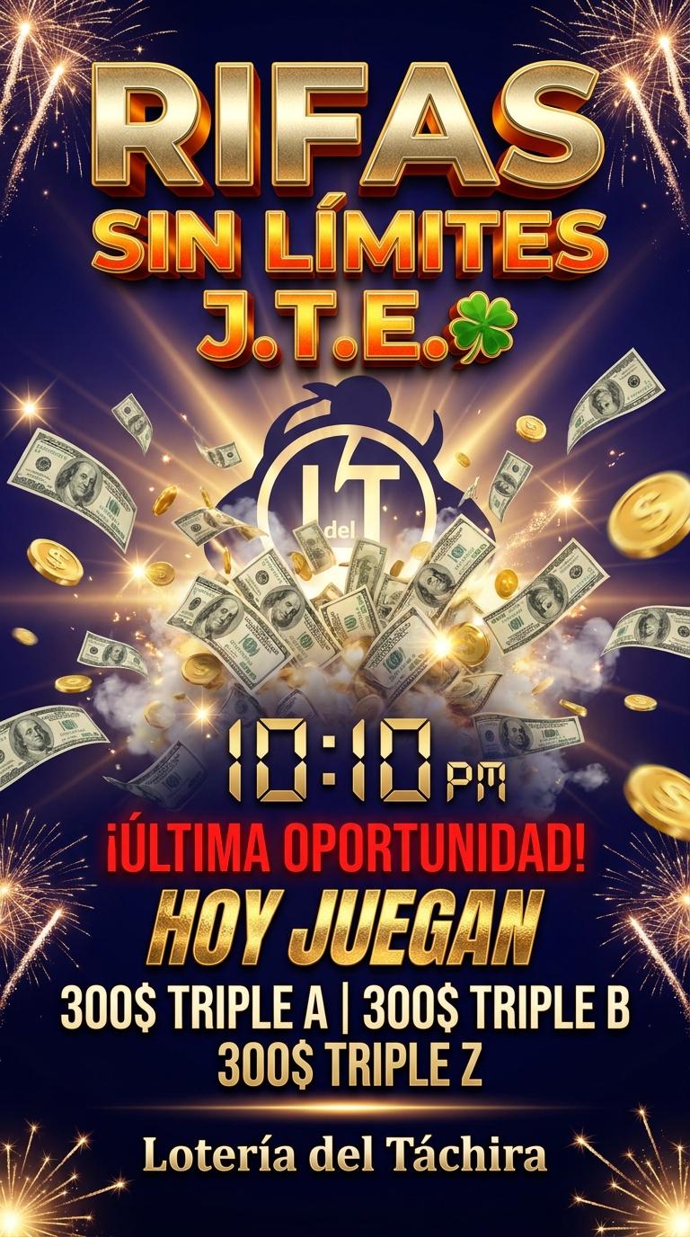 Dynamic and urgent promotional poster artwork, styled like a grand lottery announcement. The background features a dramatic, dark blue-to-deep purple gradient with radiant golden light beams bursting from behind a stylized, subtle silhouette of the Lotería del Táchira emblem. A chaotic explosion of hundreds of dollar bills and shimmering gold coins bursts outwards, scattering towards the viewer, enhanced with sparkling lens flares and volumetric smoke. Prominently centered at the top, MASSIVE 3D chrome-gold and fiery orange typography reads "RIFAS SIN LÍMITES J.T.E.🍀" with deep, dramatic shadows. A large, digital clock showing "10:10 PM" with an urgent countdown effect is subtly integrated. Below this, in bold, glowing red text: "¡ÚLTIMA OPORTUNIDAD!" At the center, "HOY JUEGAN" in an energetic, impactful font, followed by "300$ TRIPLE A | 300$ TRIPLE B | 300$ TRIPLE Z" in clean, bold, white typography with a subtle golden glow. At the very bottom, "Lotería del Táchira" in elegant but clear text. No people, no human figures. Ultra-high detail, cinematic lighting, maximum visual impact, designed to convey urgency and immense winning potential. - Beellon CashLike