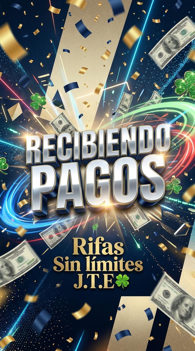 Dynamic, high-energy promotional flyer artwork for "Rifas Sin límites J.T.E🍀". The background features a vibrant blend of electric blue, energetic red, and fresh green gradients, swirling with motion lines that evoke speed and excitement, reminiscent of the logo's car and motorcycle theme. In the center, a burst of light illuminates BIG, BOLD, 3D typography that reads "RECIBIENDO PAGOS", glowing with a friendly, inviting light. Below, the text "Rifas Sin límites J.T.E🍀" in elegant but strong font. Scattered around the main text are subtle, sparkling clover leaf elements and a few flying hundred dollar bills, suggesting good fortune and rewards. The overall aesthetic is friendly, direct, and visually impactful, with dynamic shadows and reflections. No people, no human figures. - Beellon CashLike