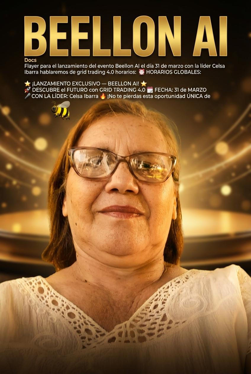 Beellon AI
Docs
Flayer para el lanzamiento del evento Beellon AI el día 31 de marzo con la líder Celsa Ibarra hablaremos de grid trading 4.0 horarios: ⏰ HORARIOS GLOBALES:
🇲🇿 Mozambique: 4:00 PM
🇦🇴 Angola: 3:00 PM
🇵🇹 Portugal: 3:00 PM
🇧🇷 Brasil: 11:00 AM
🇵🇾 Paraguay: 11:00 AM
🇦🇷 Argentina: 11:00 AM
🇺🇸 Michigan, US: 10:00 AM
🇨🇴 Colombia: 9:00 AM
🇻🇪 Venezuela: 10:00 AM
🐝
¡Claro que sí! Aquí tienes el texto impactante para tu flyer de lanzamiento del evento Beellon AI, listo para copiar y pegar en la herramienta Crear Flyer:

⭐ ¡LANZAMIENTO EXCLUSIVO — BEELLON AI! ⭐
🚀 DESCUBRE el FUTURO con GRID TRADING 4.0
🗓️ FECHA: 31 de MARZO
🎤 CON LA LÍDER: Celsa Ibarra
🔥 ¡No te pierdas esta oportunidad ÚNICA de aprender las estrategias más avanzadas!

⏰ HORARIOS GLOBALES:
🇲🇿 Mozambique: 4:00 PM
🇦🇴 Angola: 3:00 PM
🇵🇹 Portugal: 3:00 PM
🇧🇷 Brasil: 11:00 AM
🇵🇾 Paraguay: 11:00 AM
🇦🇷 Argentina: 11:00 AM
🇺🇸 Michigan, US: 10:00 AM
🇨🇴 Colombia: 9:00 AM
🇻🇪 Venezuela: 10:00 AM - Beellon CashLike