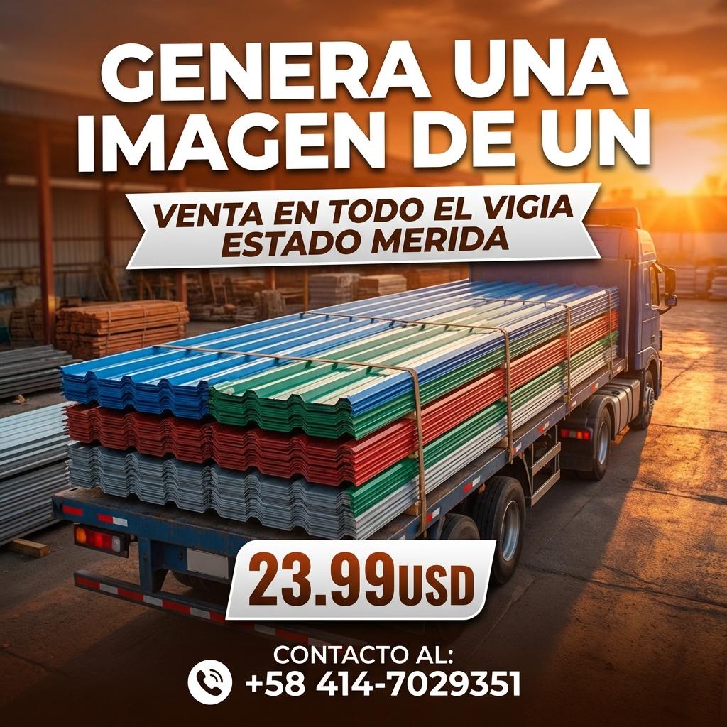 genera una imagen de un camion cargado de laminas y describa como venta en todo el vigia estado merida 23.99usd contacto al: +58 414-7029351 - Beellon CashLike
