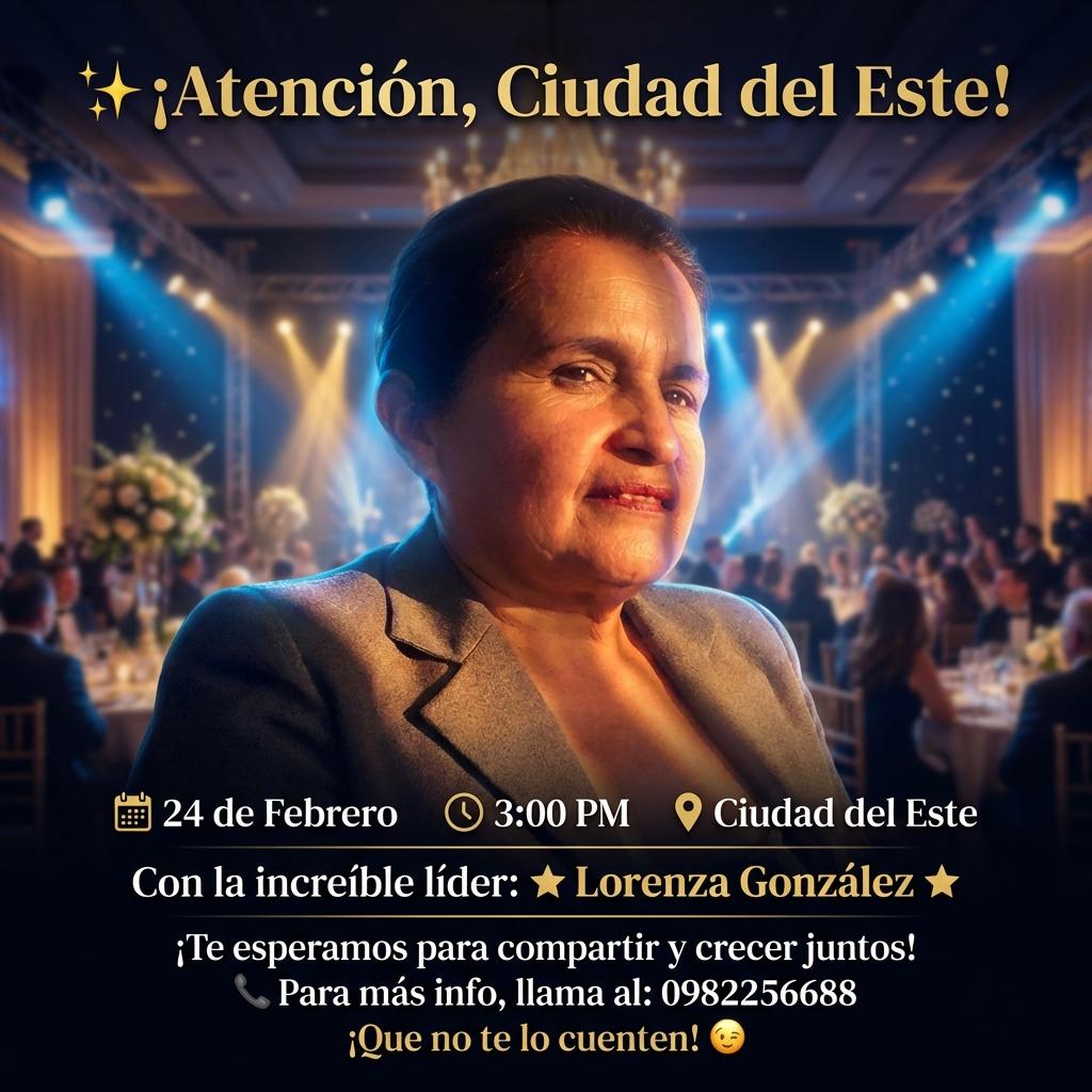 ✨ **¡Atención, Ciudad del Este!** ✨

No te pierdas nuestra reunión especial este:

🗓️ **24 de Febrero**
🕒 **3:00 PM**
📍 **Ciudad del Este**

Con la increíble líder:
⭐ **Lorenza González** ⭐

¡Te esperamos para compartir y crecer juntos!

📞 **Para más info, llama al: 0982256688**

¡Que no te lo cuenten! 😉 - Beellon CashLike