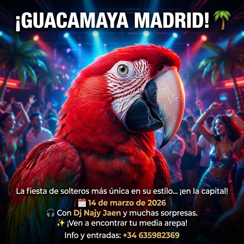 **¡GUACAMAYA MADRID!** 🌴
La fiesta de solteros más única en su estilo... ¡en la capital!

📅 **14 de marzo de 2026**
🎧 Con **Dj Najy Jaen** y muchas sorpresas.
✨ ¡Ven a encontrar tu media arepa!

Info y entradas: **+34 635982369** - Beellon CashLike