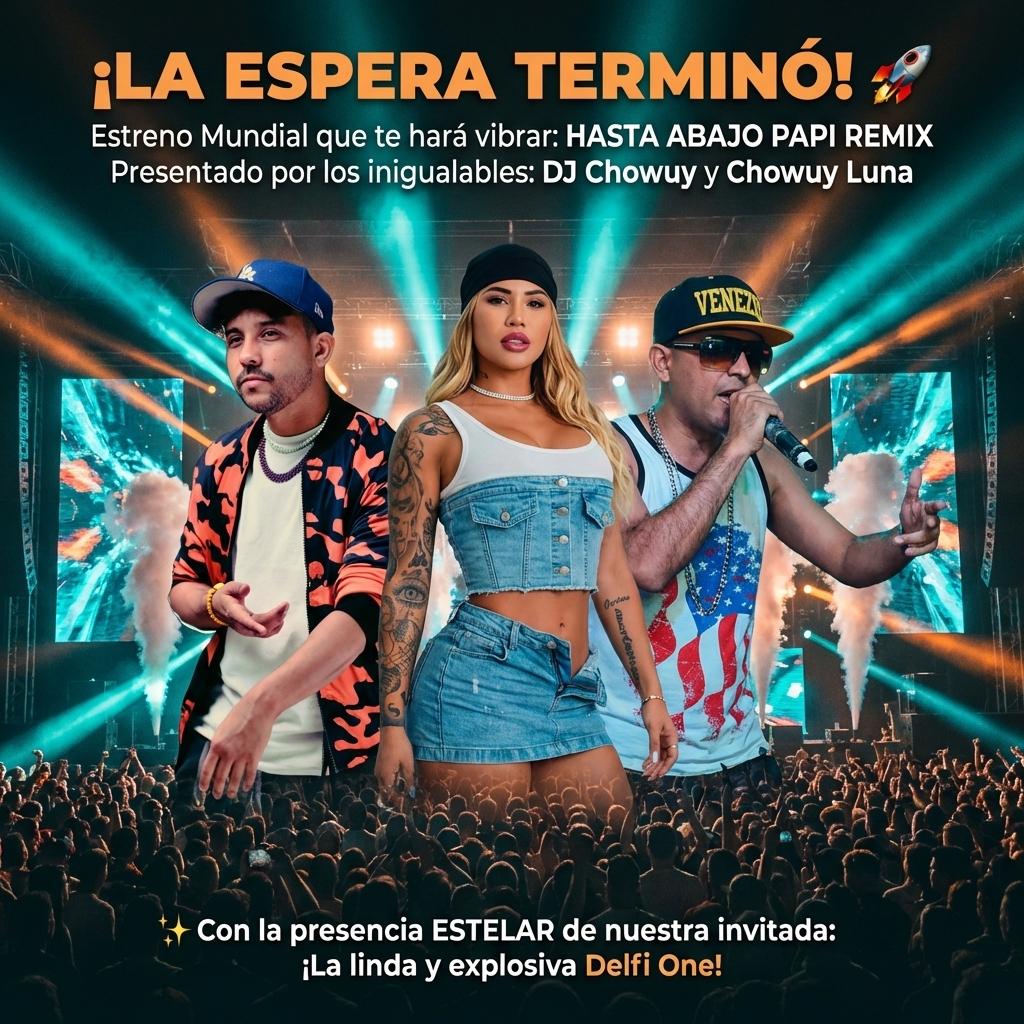 ¡LA ESPERA TERMINÓ! 🚀
Estreno Mundial que te hará vibrar:
HASTA ABAJO PAPI REMIX
Presentado por los inigualables: DJ Chowuy y Chowuy Luna
✨ Con la presencia ESTELAR de nuestra invitada:
¡La linda y explosiva Delfi One! - Beellon CashLike
