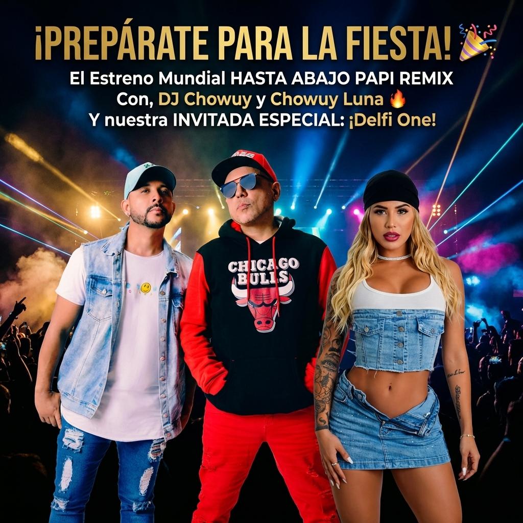 "¡PREPÁRATE PARA LA FIESTA! 🎉
El Estreno Mundial 
HASTA ABAJO PAPI REMIX
Con, DJ Chowuy y Chowuy Luna
🔥 Y nuestra INVITADA ESPECIAL:
¡Delfi One!" - Beellon CashLike