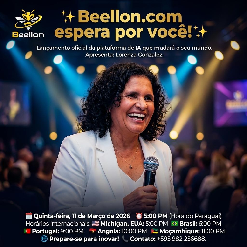 ✨ **Beellon.com espera por você!** ✨
Lançamento oficial da plataforma de IA que mudará o seu mundo.
Apresenta: Lorenza Gonzalez.

🗓️ **Quinta-feira, 11 de Março de 2026**
⏰ **5:00 PM** (Hora do Paraguai)

Horários internacionais:
🇺🇸 **Michigan, EUA:** 5:00 PM
🇧🇷 **Brasil:** 6:00 PM
🇵🇹 **Portugal:** 9:00 PM
🇦🇴 **Angola:** 10:00 PM
🇲🇿 **Moçambique:** 11:00 PM

🌐 **Prepare-se para inovar!**
📞 Contato: +595 982 256688. - Beellon CashLike
