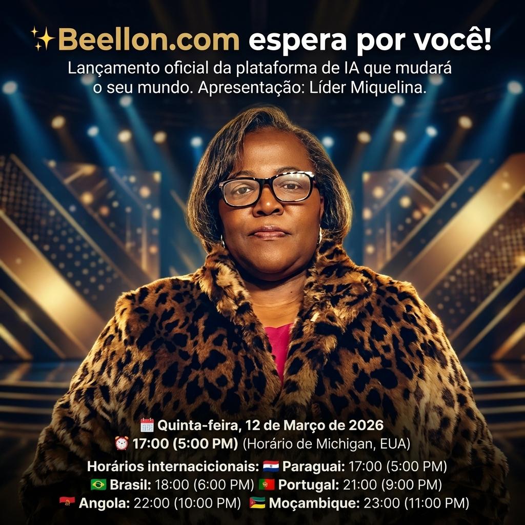 ✨ **Beellon.com espera por você!** ✨
Lançamento oficial da plataforma de IA que mudará o seu mundo.
Apresentação: Líder Miquelina.

🗓️ **Quinta-feira, 12 de Março de 2026**
⏰ **17:00 (5:00 PM)** (Horário de Michigan, EUA)

Horários internacionais:
🇵🇾 **Paraguai:** 17:00 (5:00 PM)
🇧🇷 **Brasil:** 18:00 (6:00 PM)
🇵🇹 **Portugal:** 21:00 (9:00 PM)
🇦🇴 **Angola:** 22:00 (10:00 PM)
🇲🇿 **Moçambique:** 23:00 (11:00 PM) - Beellon CashLike