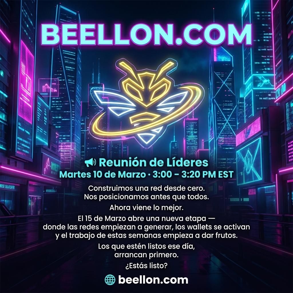 BEELLON.COM
📢 Reunión de Líderes
Martes 10 de Marzo · 3:00 – 3:20 PM EST

Construimos una red desde cero.
Nos posicionamos antes que todos.
Ahora viene lo mejor.
El 15 de Marzo abre una nueva etapa —
donde las redes empiezan a generar, los wallets se activan
y el trabajo de estas semanas empieza a dar frutos.
Los que estén listos ese día,
arrancan primero.
¿Estás listo?
🌐 beellon.com - Beellon CashLike