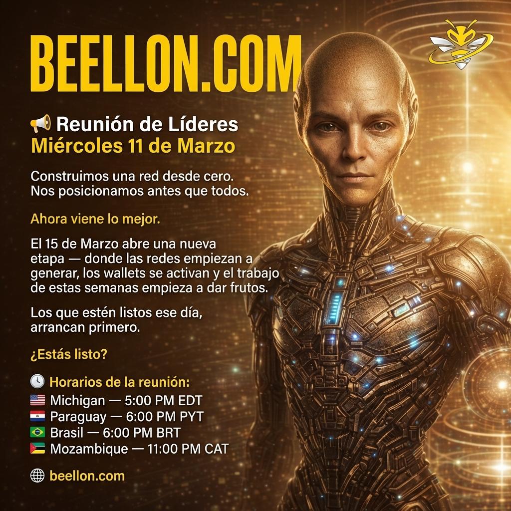 BEELLON.COM
📢 Reunión de Líderes
Miércoles 11 de Marzo

Construimos una red desde cero.
Nos posicionamos antes que todos.
Ahora viene lo mejor.
El 15 de Marzo abre una nueva etapa —
donde las redes empiezan a generar, los wallets se activan
y el trabajo de estas semanas empieza a dar frutos.
Los que estén listos ese día, arrancan primero.
¿Estás listo?
🕐 Horarios de la reunión:
🇺🇸 Michigan — 5:00 PM EDT
🇵🇾 Paraguay — 6:00 PM PYT
🇧🇷 Brasil — 6:00 PM BRT
🇲🇿 Mozambique — 11:00 PM CAT
🌐 beellon.com - Beellon CashLike