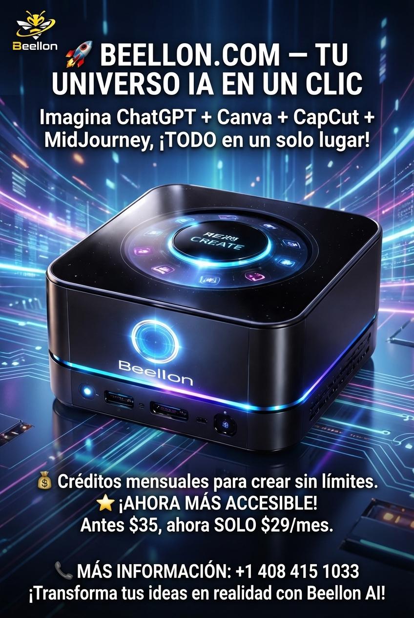 🚀 BEELLON.COM — TU UNIVERSO IA EN UN CLIC
Imagina ChatGPT + Canva + CapCut + MidJourney, ¡TODO en un solo lugar!

💰 Créditos mensuales para crear sin límites.
⭐ ¡AHORA MÁS ACCESIBLE! Antes $35, ahora SOLO $29/mes.

📞 MÁS INFORMACIÓN: +1 408 415 1033
¡Transforma tus ideas en realidad con Beellon AI! - Beellon CashLike