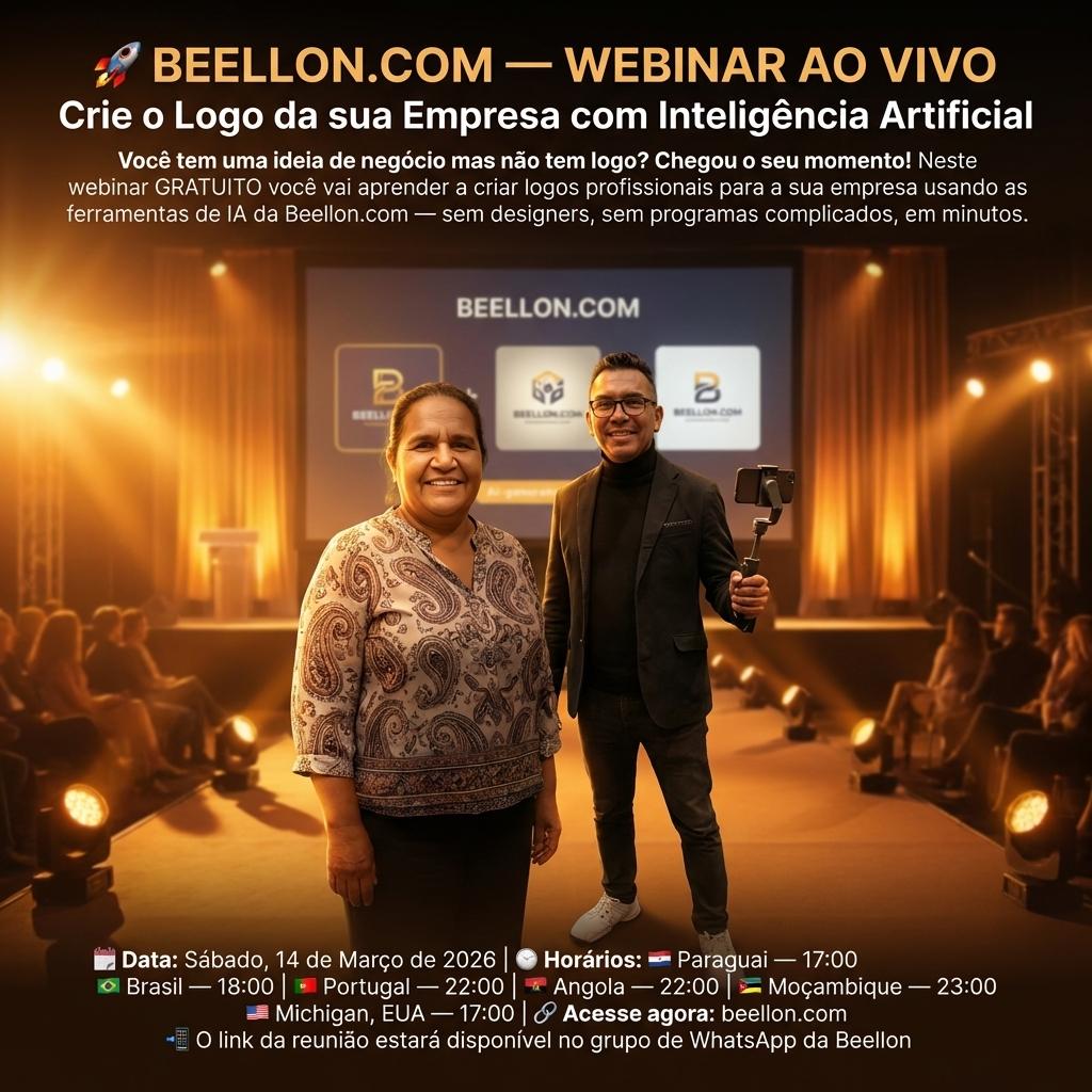 🚀 BEELLON.COM — WEBINAR AO VIVO
"Crie o Logo da sua Empresa com Inteligência Artificial"
Você tem uma ideia de negócio mas não tem logo? Chegou o seu momento!
Neste webinar GRATUITO você vai aprender a criar logos profissionais para a sua empresa usando as ferramentas de IA da Beellon.com — sem designers, sem programas complicados, em minutos.
📅 Data: Sábado, 14 de Março de 2026
🕔 Horários:
🇵🇾 Paraguai — 17:00
🇧🇷 Brasil — 18:00
🇵🇹 Portugal — 22:00
🇦🇴 Angola — 22:00
🇲🇿 Moçambique — 23:00
🇺🇸 Michigan, EUA — 17:00
🔗 Acesse agora: beellon.com
📲 O link da reunião estará disponível no grupo de WhatsApp da Beellon - Beellon CashLike