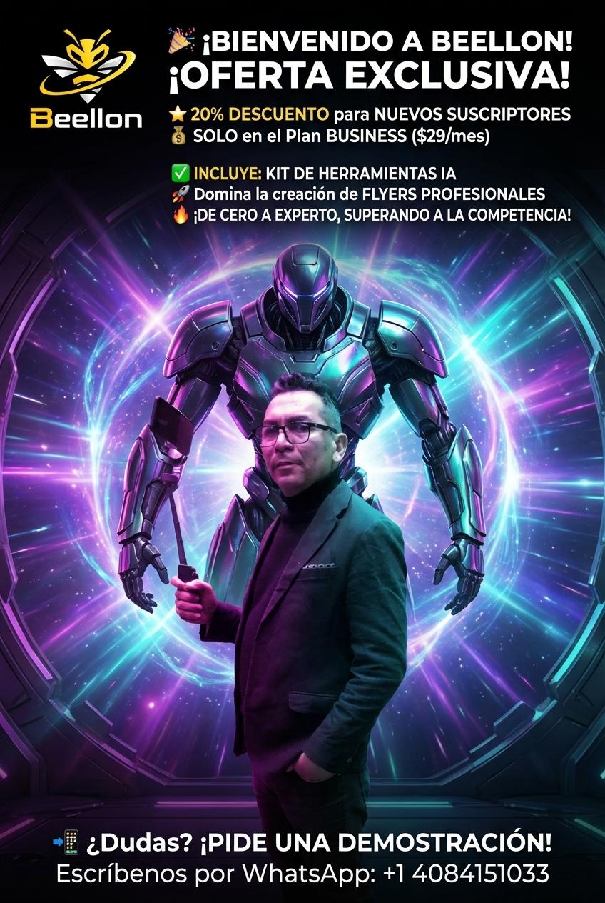 🎉 ¡BIENVENIDO A BEELLON! ¡OFERTA EXCLUSIVA!

⭐ 20% DESCUENTO para NUEVOS SUSCRIPTORES
💰 SOLO en el Plan BUSINESS ($29/mes)

✅ INCLUYE: KIT DE HERRAMIENTAS IA
🚀 Domina la creación de FLYERS PROFESIONALES
🔥 ¡DE CERO A EXPERTO, SUPERANDO A LA COMPETENCIA!

📲 ¿Dudas? ¡PIDE UNA DEMOSTRACIÓN!
Escríbenos por WhatsApp: +1 4084151033 - Beellon CashLike