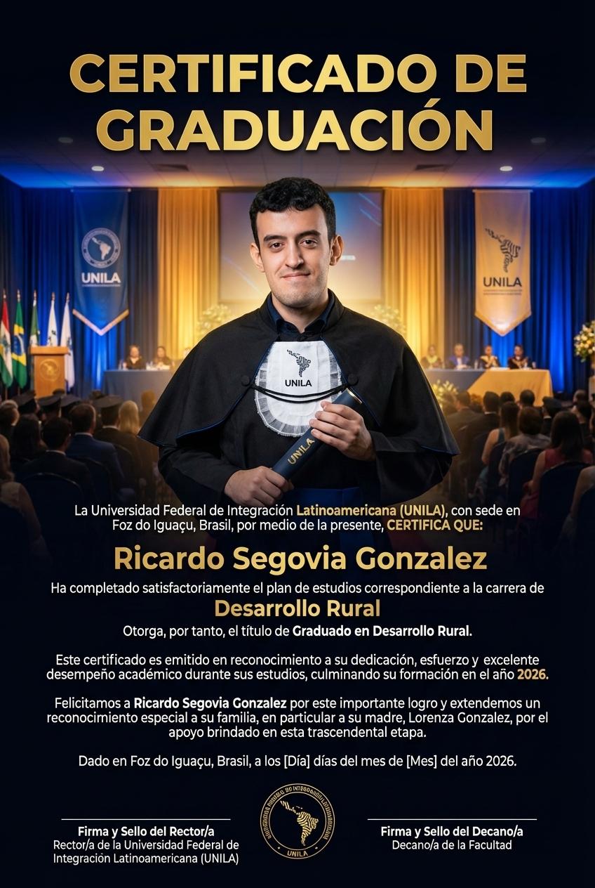 **CERTIFICADO DE GRADUACIÓN**

La Universidad Federal de Integración Latinoamericana (UNILA), con sede en Foz do Iguaçu, Brasil, por medio de la presente,

**CERTIFICA QUE:**

**Ricardo Segovia Gonzalez**

Ha completado satisfactoriamente el plan de estudios correspondiente a la carrera de

**Desarrollo Rural**

Otorga, por tanto, el título de Graduado en Desarrollo Rural.

Este certificado es emitido en reconocimiento a su dedicación, esfuerzo y excelente desempeño académico durante sus estudios, culminando su formación en el año **2026**.

Felicitamos a Ricardo Segovia Gonzalez por este importante logro y extendemos un reconocimiento especial a su familia, en particular a su madre, Lorenza Gonzalez, por el apoyo brindado en esta trascendental etapa.

Dado en Foz do Iguaçu, Brasil, a los [Día] días del mes de [Mes] del año 2026.

---

Firma y Sello del Rector/a
Rector/a de la Universidad Federal de Integración Latinoamericana (UNILA)

---

Firma y Sello del Decano/a
Decano/a de la Facultad - Beellon CashLike