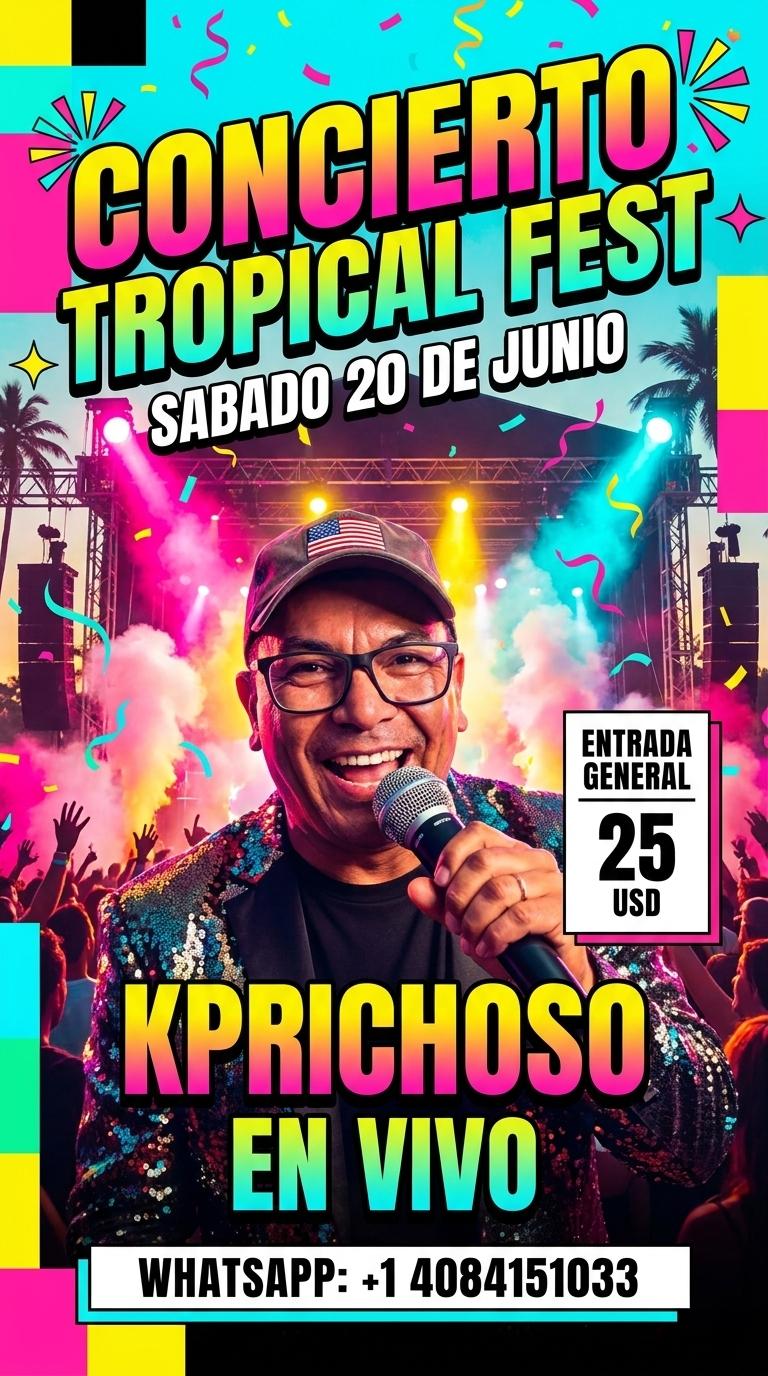 Concierto Tropical Fest
Sabado 20 de junio
Kprichoso en vivo
Entrada general 25 USD
WhatsApp: +1 4084151033 - Beellon CashLike
