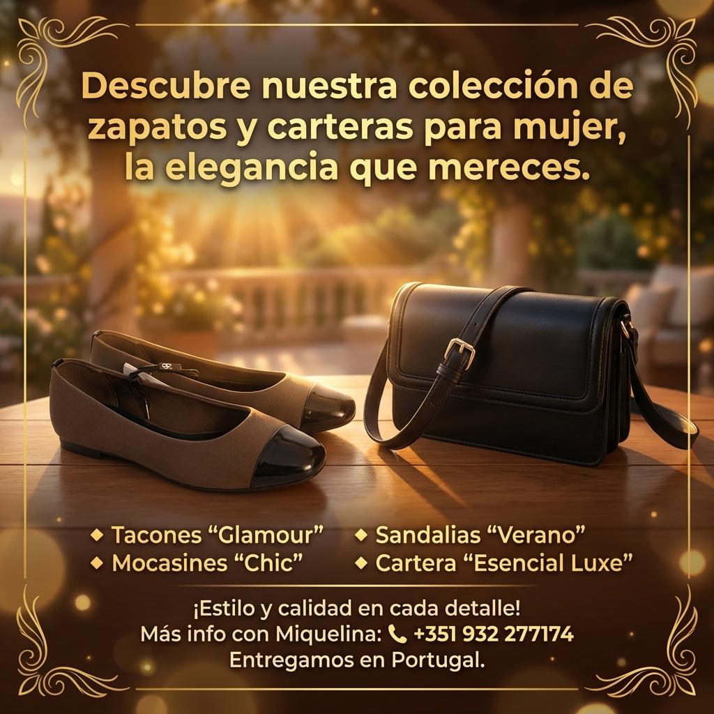 Descubre nuestra colección de zapatos y carteras para mujer, la elegancia que mereces.
🔹 Tacones "Glamour"
🔹 Mocasines "Chic"
🔹 Sandalias "Verano"
🔹 Cartera "Esencial Luxe"

¡Estilo y calidad en cada detalle!
Más info con Miquelina: 📞 +351 932 277174
Entregamos en Portugal. - Beellon CashLike