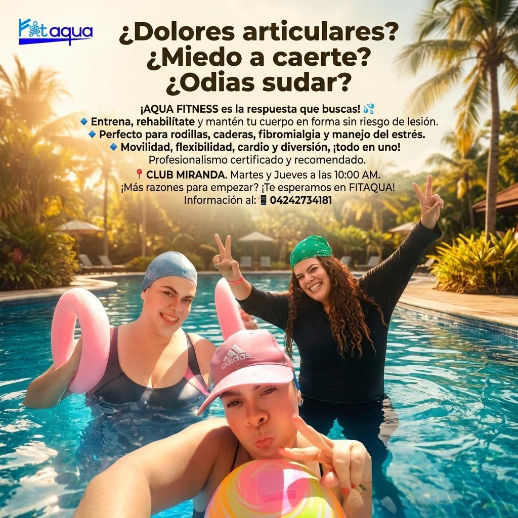 ¿Dolores articulares? ¿Miedo a caerte? ¿Odias sudar?
¡AQUA FITNESS es la respuesta que buscas! 💦

🔹 Entrena, rehabilítate y mantén tu cuerpo en forma sin riesgo de lesión.
🔹 Perfecto para rodillas, caderas, fibromialgia y manejo del estrés.
🔹 Movilidad, flexibilidad, cardio y diversión, ¡todo en uno!

Profesionalismo certificado y recomendado.
📍 CLUB MIRANDA. Martes y Jueves a las 10:00 AM.
¡Más razones para empezar? ¡Te esperamos en FITAQUA!
Información al: 📱 04242734181 - Beellon CashLike