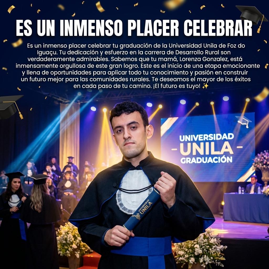 Es un inmenso placer celebrar tu graduación de la Universidad Unila de Foz do Iguaçu. Tu dedicación y esfuerzo en la carrera de Desarrollo Rural son verdaderamente admirables. Sabemos que tu mamá, Lorenza Gonzalez, está inmensamente orgullosa de este gran logro.

Este es el inicio de una etapa emocionante y llena de oportunidades para aplicar todo tu conocimiento y pasión en construir un futuro mejor para las comunidades rurales. Te deseamos el mayor de los éxitos en cada paso de tu camino. ¡El futuro es tuyo! ✨ - Beellon CashLike