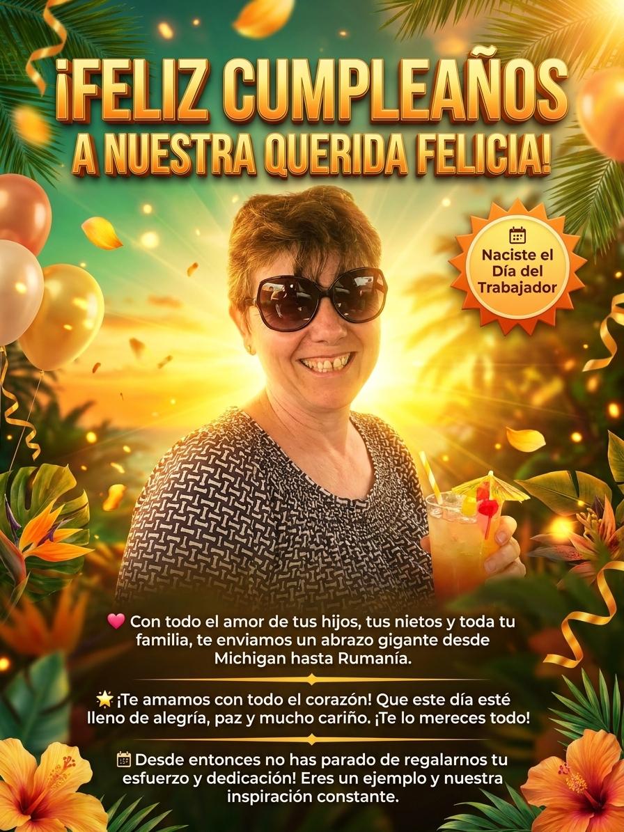 🎉 ¡FELIZ CUMPLEAÑOS A NUESTRA QUERIDA FELICIA! 🎉

💖 Con todo el amor de tus hijos, tus nietos y toda tu familia, te enviamos un abrazo gigante desde Michigan hasta Rumanía.

📅 ¡Naciste el Día del Trabajador y desde entonces no has parado de regalarnos tu esfuerzo y dedicación! Eres un ejemplo y nuestra inspiración constante.

🌟 ¡Te amamos con todo el corazón! Que este día esté lleno de alegría, paz y mucho cariño. ¡Te lo mereces todo! - Beellon CashLike