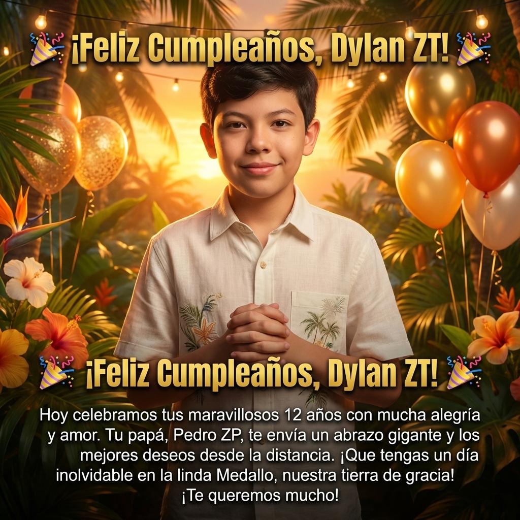 🎉 ¡Feliz Cumpleaños, Dylan ZT! 🎉

Hoy celebramos tus maravillosos 12 años con mucha alegría y amor.

Tu papá, Pedro ZP, te envía un abrazo gigante y los mejores deseos desde la distancia.

¡Que tengas un día inolvidable en la linda Medallo, nuestra tierra de gracia!

¡Te queremos mucho! - Beellon CashLike