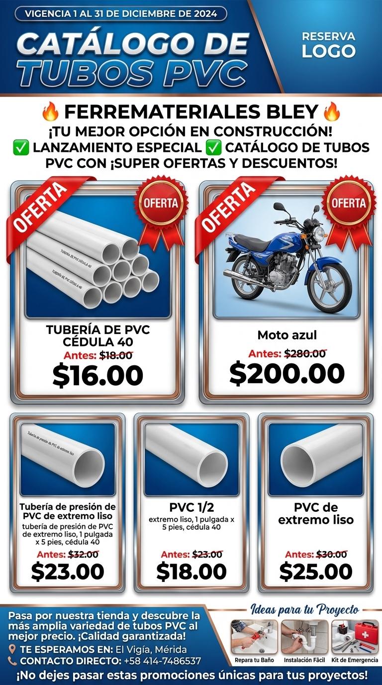🔥 FERREMATERIALES BLEY 🔥
¡TU MEJOR OPCIÓN EN CONSTRUCCIÓN!

✅ LANZAMIENTO ESPECIAL ✅
CATÁLOGO DE TUBOS PVC CON ¡SUPER OFERTAS Y DESCUENTOS!

Pasa por nuestra tienda y descubre la más amplia variedad de tubos PVC al mejor precio. ¡Calidad garantizada!

📍 TE ESPERAMOS EN:
El Vigía, Mérida

📞 CONTACTO DIRECTO:
+58 414-7486537

¡No dejes pasar estas promociones únicas para tus proyectos! - Beellon CashLike