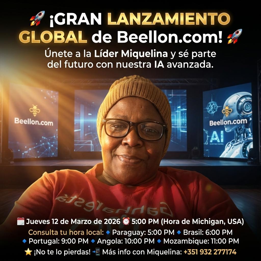 🚀 **¡GRAN LANZAMIENTO GLOBAL de Beellon.com!** 🚀
Únete a la Líder Miquelina y sé parte del futuro con nuestra IA avanzada.

🗓️ **Jueves 12 de Marzo de 2026**
⏰ **5:00 PM** (Hora de Michigan, USA)

Consulta tu hora local:
🔹 **Paraguay:** 5:00 PM
🔹 **Brasil:** 6:00 PM
🔹 **Portugal:** 9:00 PM
🔹 **Angola:** 10:00 PM
🔹 **Mozambique:** 11:00 PM

⭐ **¡No te lo pierdas!**
📲 Más info con Miquelina: +351 932 277174 - Beellon CashLike