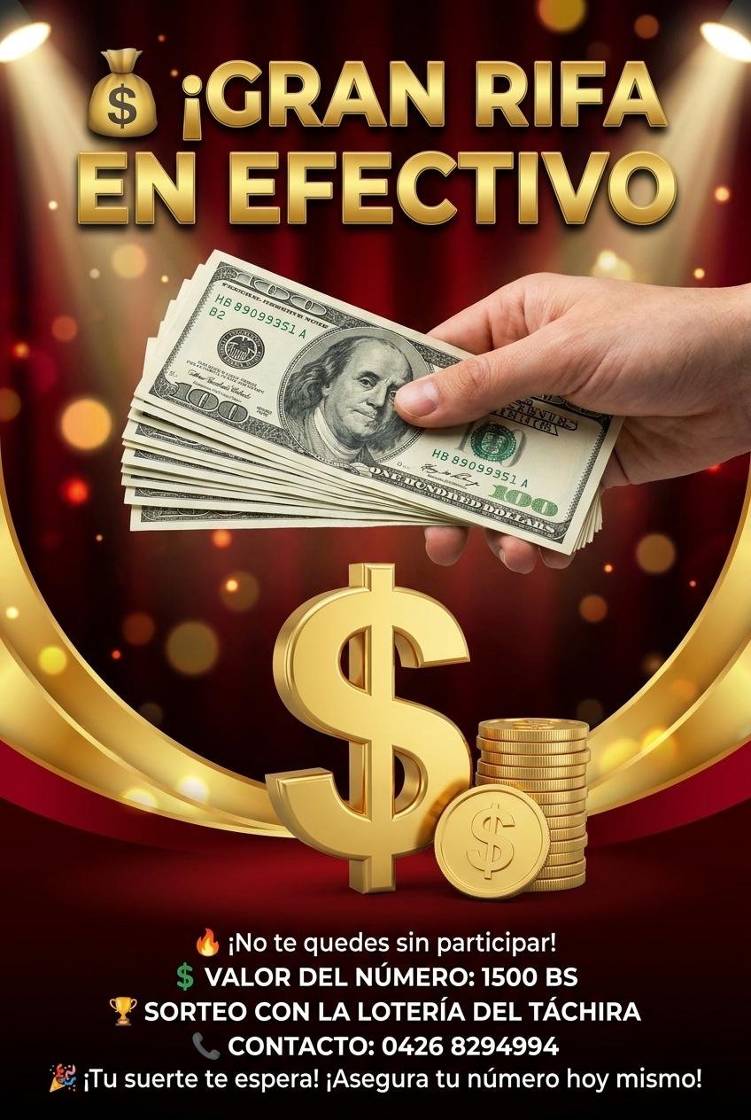 💰 ¡GRAN RIFA EN EFECTIVO — GANA 80.000 BS!
🔥 ¡No te quedes sin participar!
💲 VALOR DEL NÚMERO: 1500 BS
🏆 SORTEO CON LA LOTERÍA DEL TÁCHIRA
📞 CONTACTO: 0426 8294994
🎉 ¡Tu suerte te espera! ¡Asegura tu número hoy mismo! - Beellon CashLike