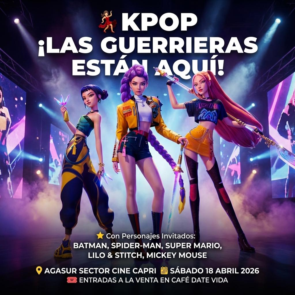 💃 KPOP ¡LAS GUERRERAS ESTÁN AQUÍ!
⭐ Con Personajes Invitados: BATMAN, SPIDER-MAN, SUPER MARIO, LILO & STITCH, MICKEY MOUSE
📍 AGASUR SECTOR CINE CAPRI
📅 SÁBADO 18 ABRIL 2026
🎟️ ENTRADAS A LA VENTA EN CAFÉ DATE VIDA - Beellon CashLike