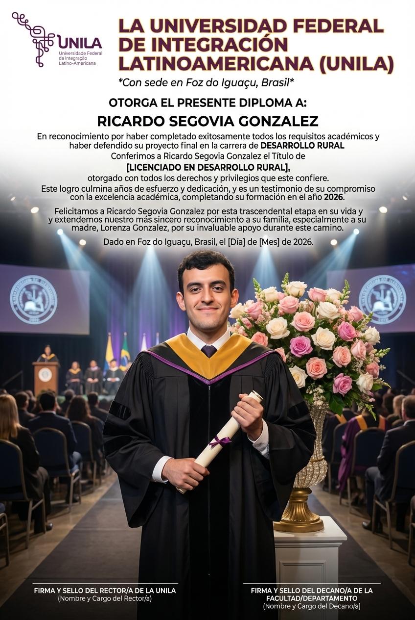 **LA UNIVERSIDAD FEDERAL DE INTEGRACIÓN LATINOAMERICANA (UNILA)**
*Con sede en Foz do Iguaçu, Brasil*

**OTORGA EL PRESENTE DIPLOMA A:**

**RICARDO SEGOVIA GONZALEZ**

En reconocimiento por haber completado exitosamente todos los requisitos académicos y haber defendido su proyecto final en la carrera de

**DESARROLLO RURAL**

Conferimos a Ricardo Segovia Gonzalez el Título de [**INSERTAR TÍTULO EXACTO DEL GRADO, EJ: LICENCIADO EN DESARROLLO RURAL**], otorgado con todos los derechos y privilegios que este confiere.

Este logro culmina años de esfuerzo y dedicación, y es un testimonio de su compromiso con la excelencia académica, completando su formación en el año **2026**.

Felicitamos a Ricardo Segovia Gonzalez por esta trascendental etapa en su vida y extendemos nuestro más sincero reconocimiento a su familia, especialmente a su madre, Lorenza Gonzalez, por su invaluable apoyo durante este camino.

Dado en Foz do Iguaçu, Brasil, el [Día] de [Mes] de 2026.

---

**FIRMA Y SELLO DEL RECTOR/A DE LA UNILA**
**(Nombre y Cargo del Rector/a)**

**FIRMA Y SELLO DEL DECANO/A DE LA FACULTAD/DEPARTAMENTO**
**(Nombre y Cargo del Decano/a)** - Beellon CashLike