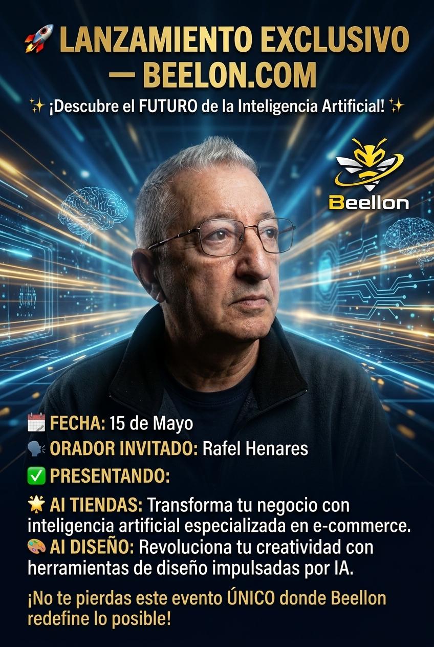 🚀 LANZAMIENTO EXCLUSIVO — BEELON.COM
✨ ¡Descubre el FUTURO de la Inteligencia Artificial! ✨

📅 FECHA: 15 de Mayo
🗣️ ORADOR INVITADO: Rafel Henares

✅ PRESENTANDO:
🌟 AI TIENDAS: Transforma tu negocio con inteligencia artificial especializada en e-commerce.
🎨 AI DISEÑO: Revoluciona tu creatividad con herramientas de diseño impulsadas por IA.

¡No te pierdas este evento ÚNICO donde Beellon redefine lo posible! - Beellon CashLike