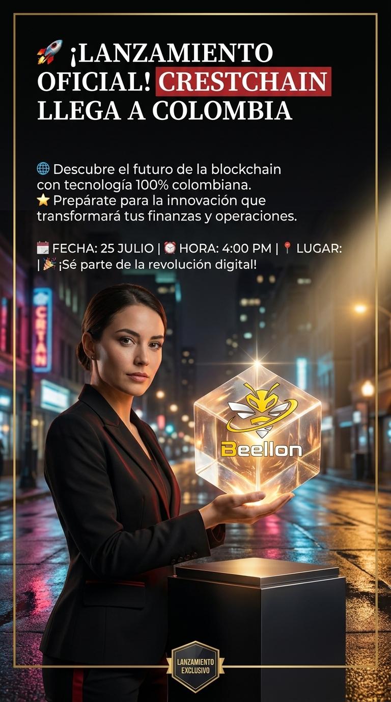🚀 ¡LANZAMIENTO OFICIAL! CRESTCHAIN LLEGA A COLOMBIA
🌐 Descubre el futuro de la blockchain con tecnología 100% colombiana.
⭐ Prepárate para la innovación que transformará tus finanzas y operaciones.

📅 FECHA: 25 JULIO
⏰ HORA: 4:00 PM
📍 LUGAR: BOGOTÁ

🎉 ¡Sé parte de la revolución digital! - Beellon CashLike