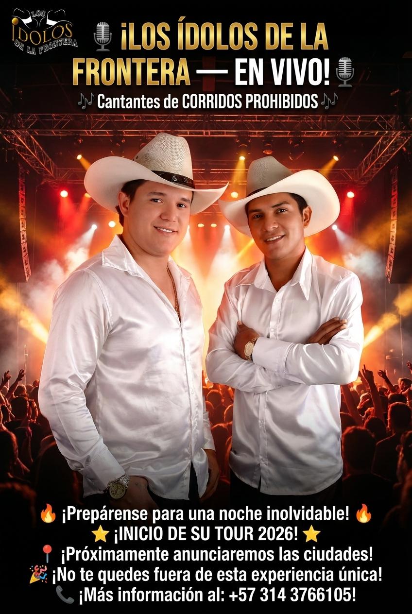 🎤 ¡LOS ÍDOLOS DE LA FRONTERA — EN VIVO! 🎤
🎶 Cantantes de CORRIDOS PROHIBIDOS 🎶
🔥 ¡Prepárense para una noche inolvidable! 🔥

⭐ ¡INICIO DE SU TOUR 2026! ⭐

📍 ¡Próximamente anunciaremos las ciudades!
🎉 ¡No te quedes fuera de esta experiencia única!

📞 ¡Más información al: +57 314 3766105! - Beellon CashLike